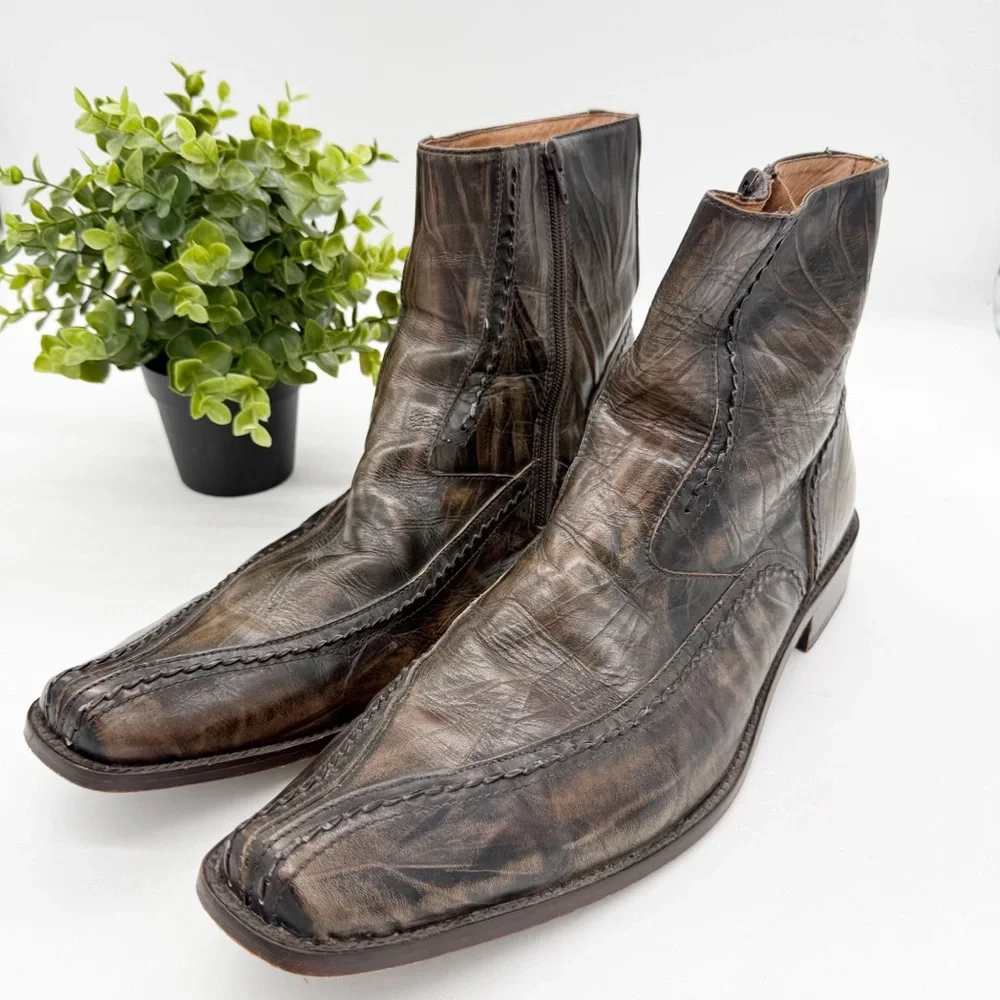 Bacco Bucci Brown Distressed Leather Western Ankle Boot Size 13 Square Toe